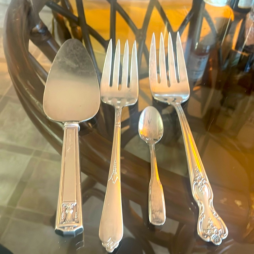 Vintage flatware; silver plate serving pieces & baby spoon